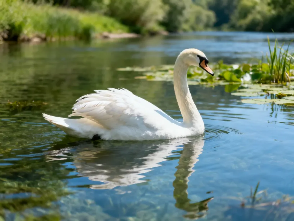 Dostojny łabędź pływający po spokojnym jeziorze w otoczeniu naturalnej roślinności wodnej.