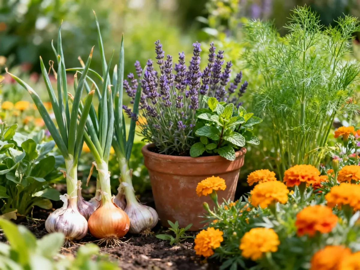 Companion plants growing around healthy garden flowers