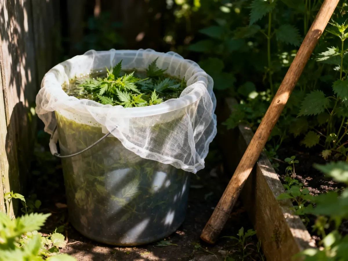 Przykryte gazą wiadro z fermentującą gnojówką z pokrzyw w zacienionym ogrodzie